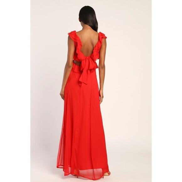 NWT Lulus Red V-Neckline Tied Back Maxi Dress Size Large - Picture 3 of 10